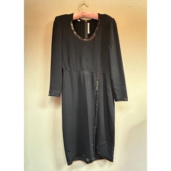 VTG St. John Women's Knit Shift Dress Embellished Trim Long Sleeve Black Size 10 - Picture 1 of 8